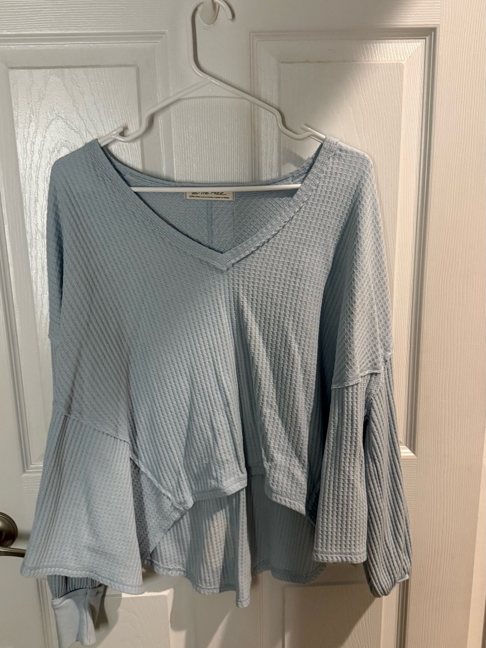 Free People Light Blue Waffle V-Neck Top